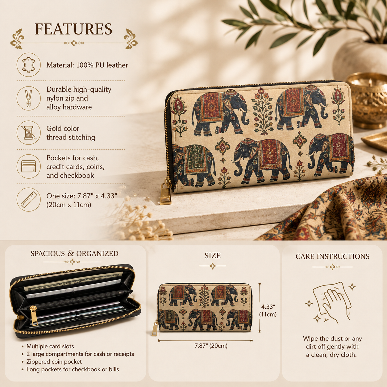 Indian Vintage Traditional Elephant Tapestry Zipper Wallet