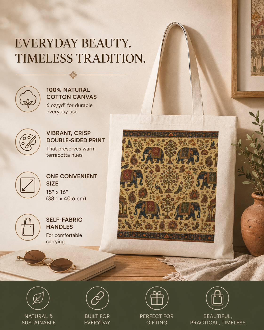 100% Cotton Indian Vintage Traditional Elephant Tote Bag