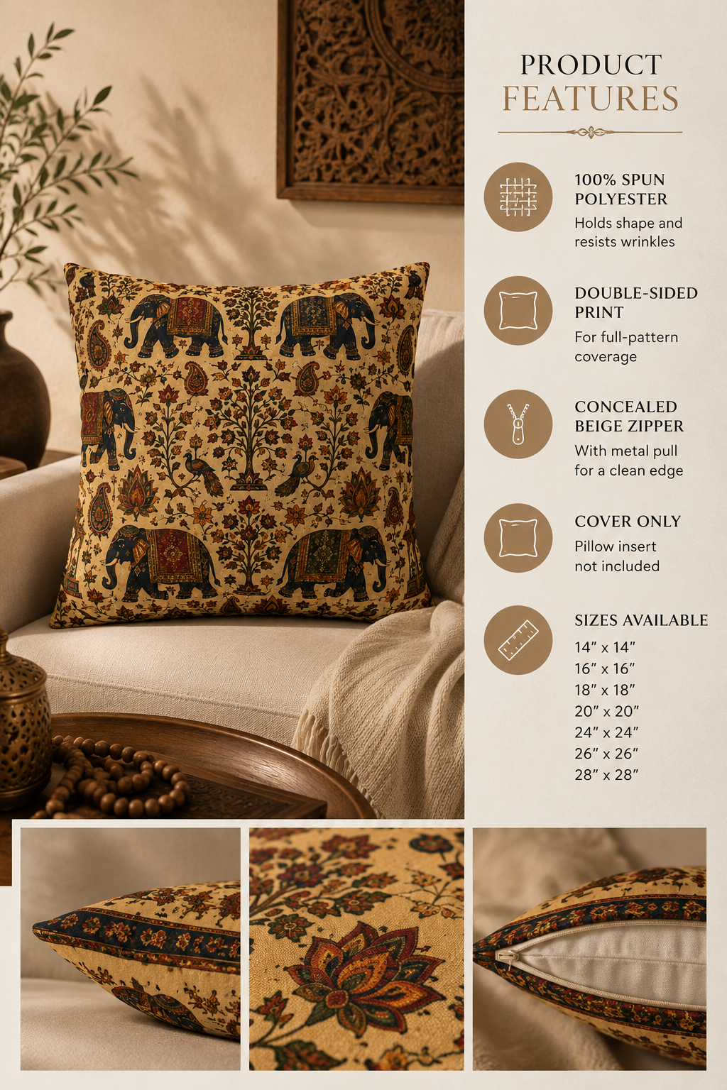Indian Vintage Traditional Elephant Pillow Case Cover