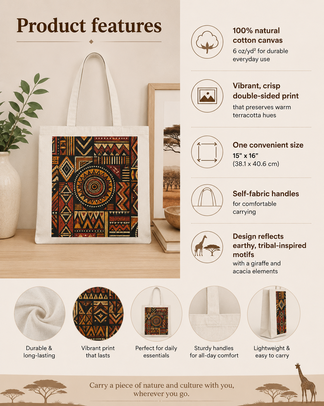 100% Cotton African Tribal Geometric Tote Bag
