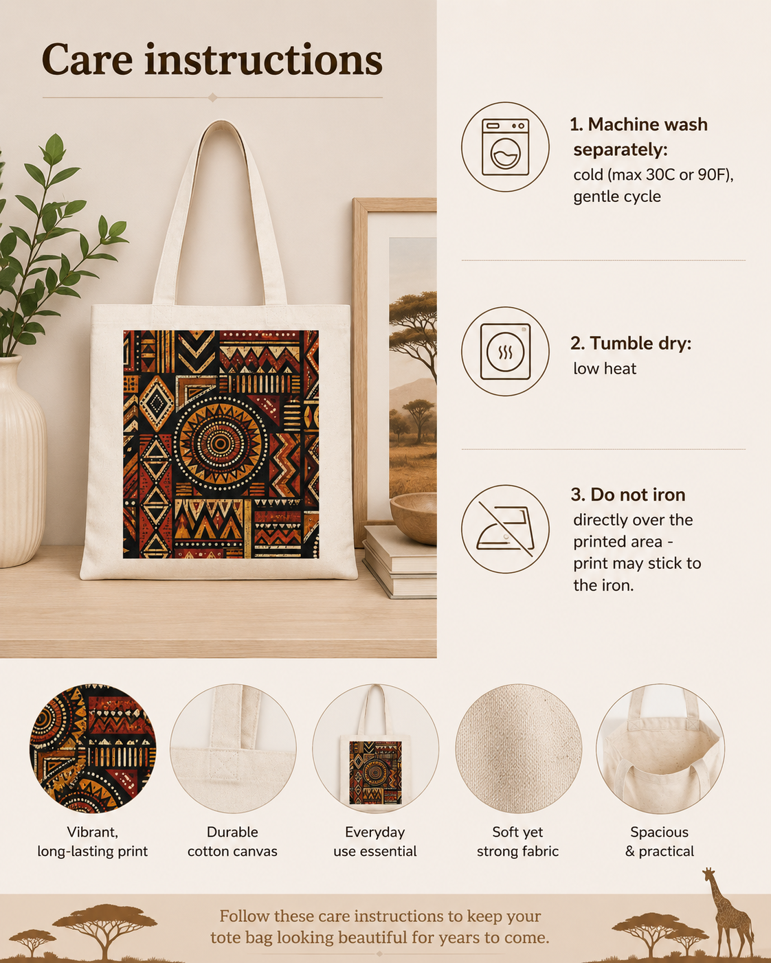 100% Cotton African Tribal Geometric Tote Bag
