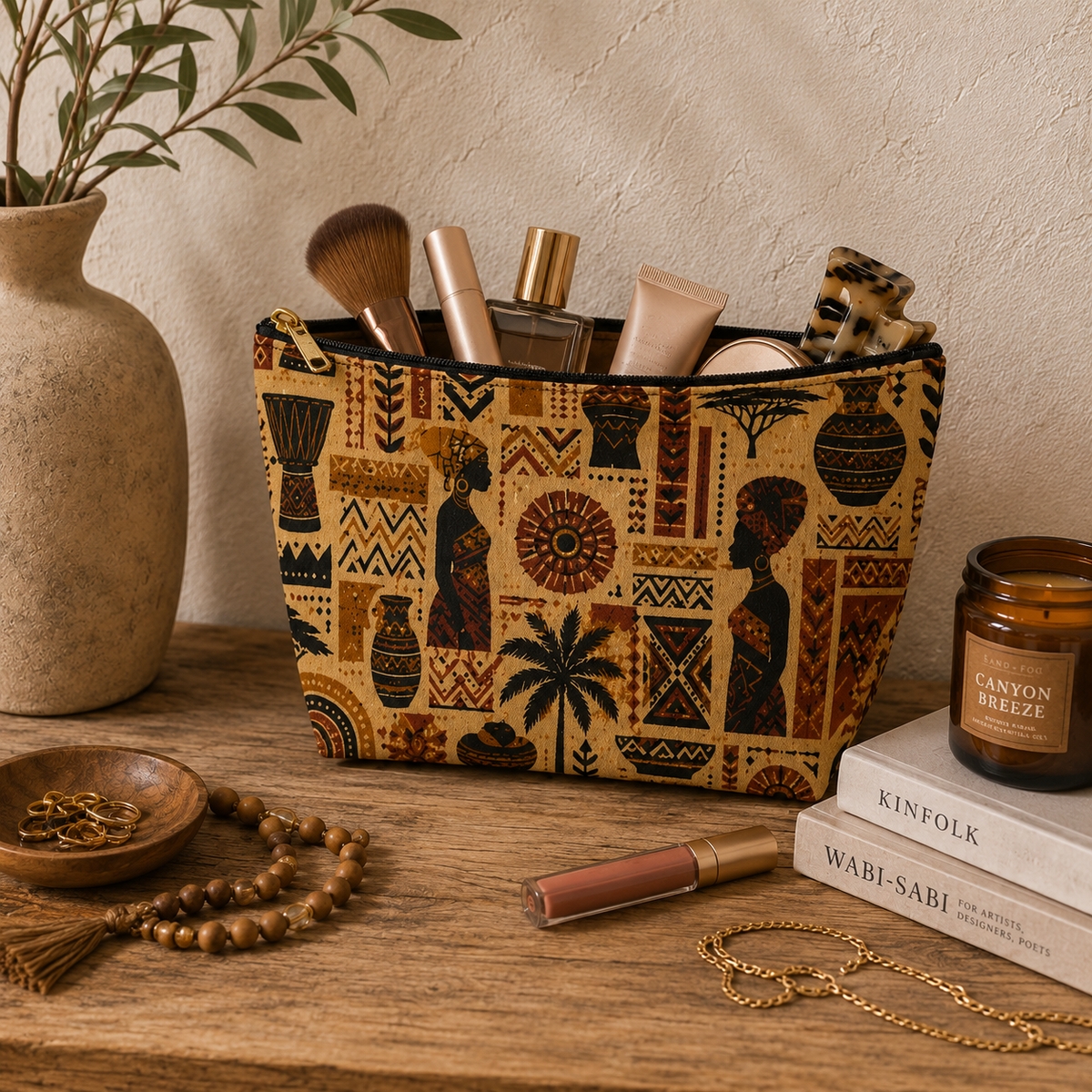African Tribal Ethnic Silhouette Pattern Accessory Pouch Makeup Bag