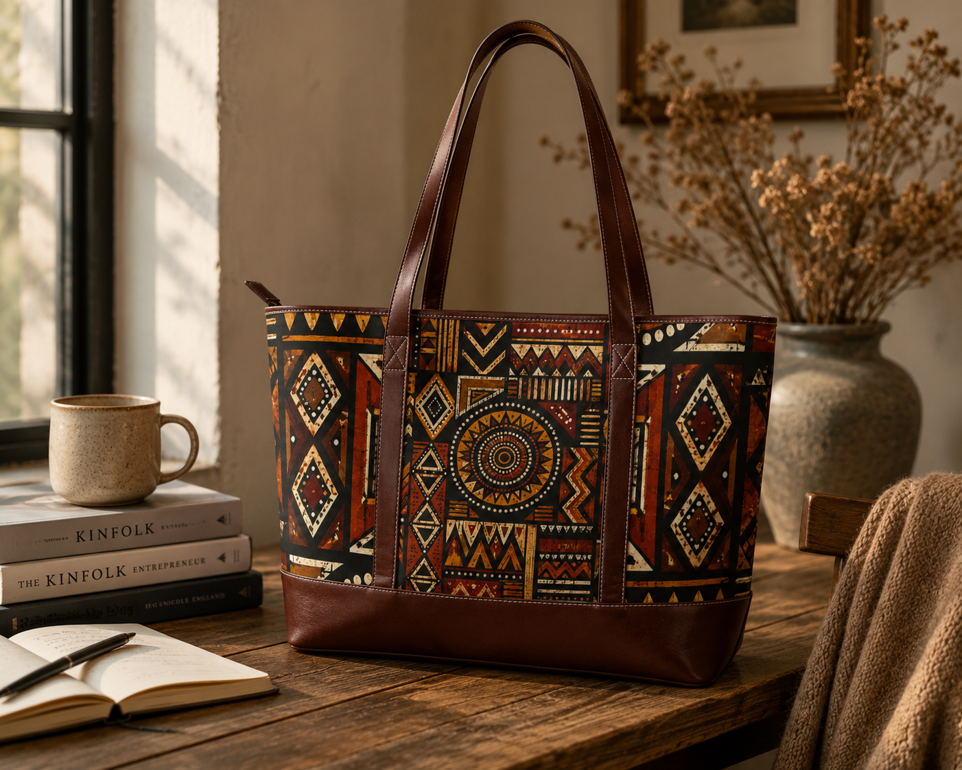 African Tribal Geometric Leather Trim Shoulder Tote Bag