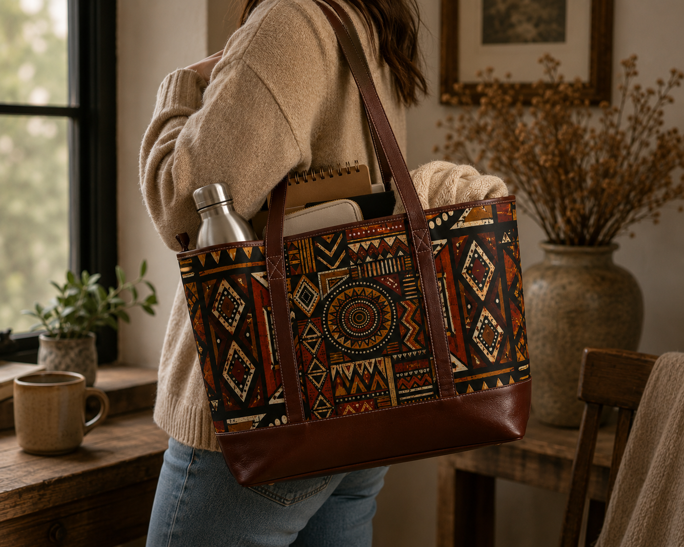 African Tribal Geometric Leather Trim Shoulder Tote Bag