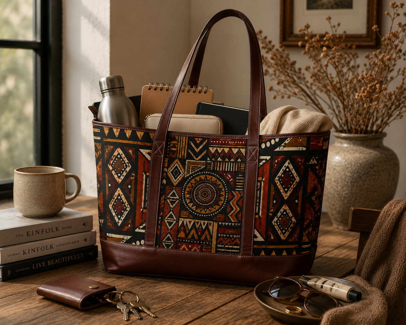African Tribal Geometric Leather Trim Shoulder Tote Bag