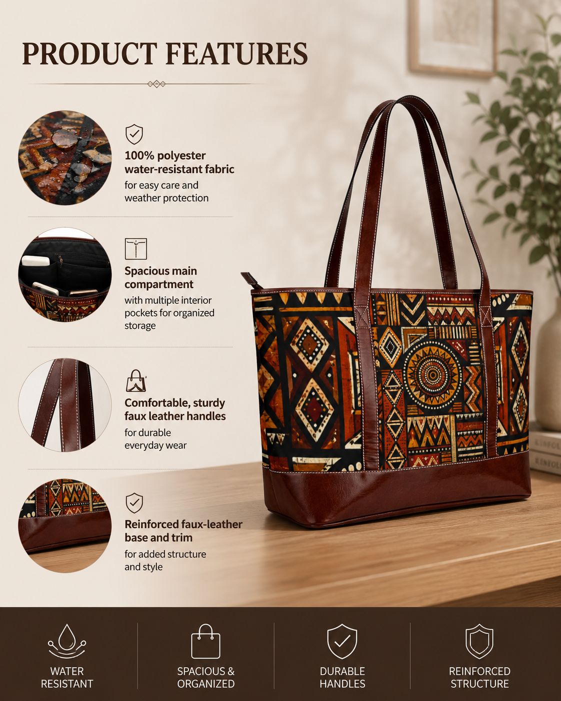 African Tribal Geometric Leather Trim Shoulder Tote Bag