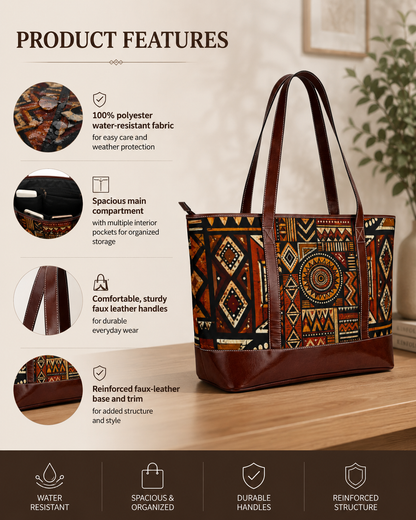 African Tribal Geometric Leather Trim Shoulder Tote Bag