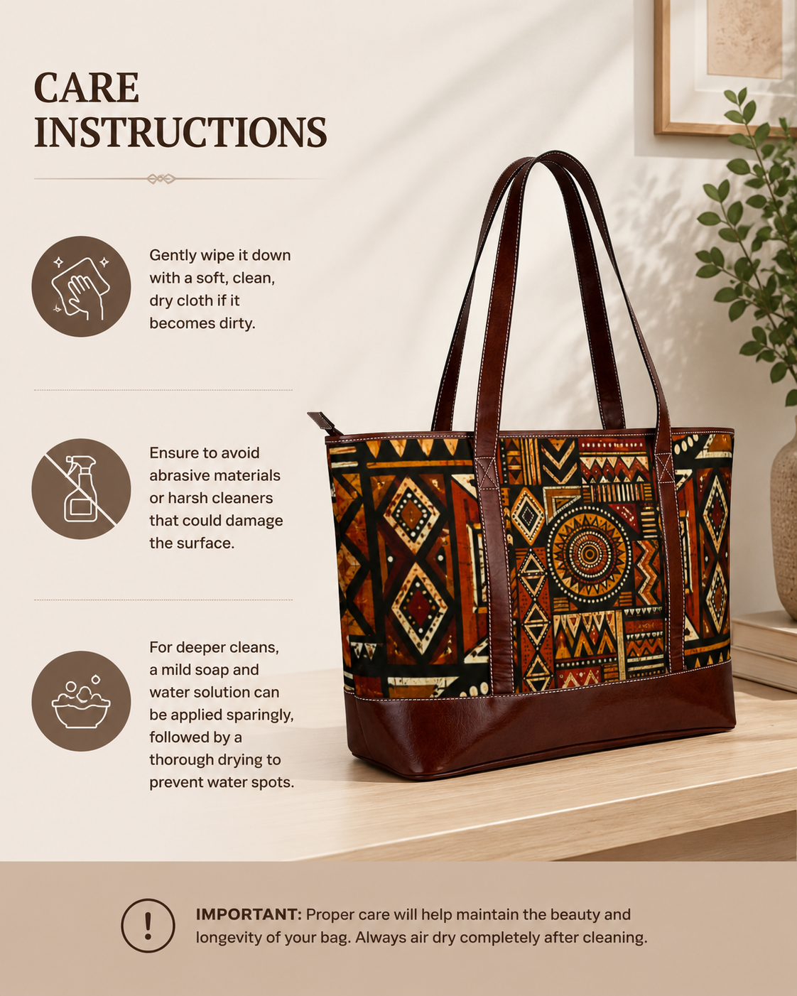 African Tribal Geometric Leather Trim Shoulder Tote Bag