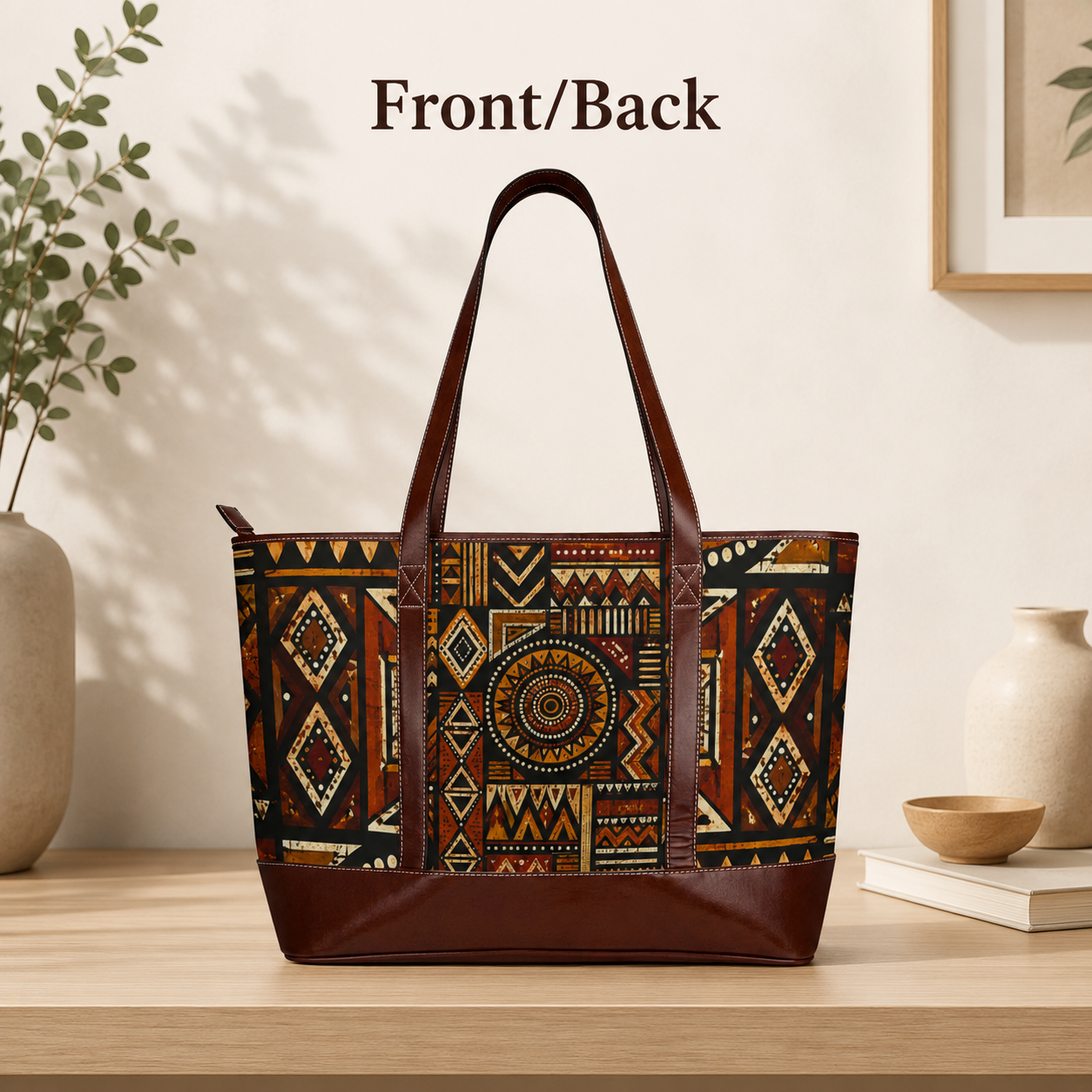 African Tribal Geometric Leather Trim Shoulder Tote Bag