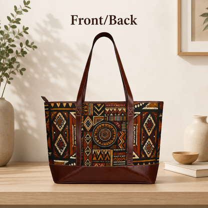 African Tribal Geometric Leather Trim Shoulder Tote Bag