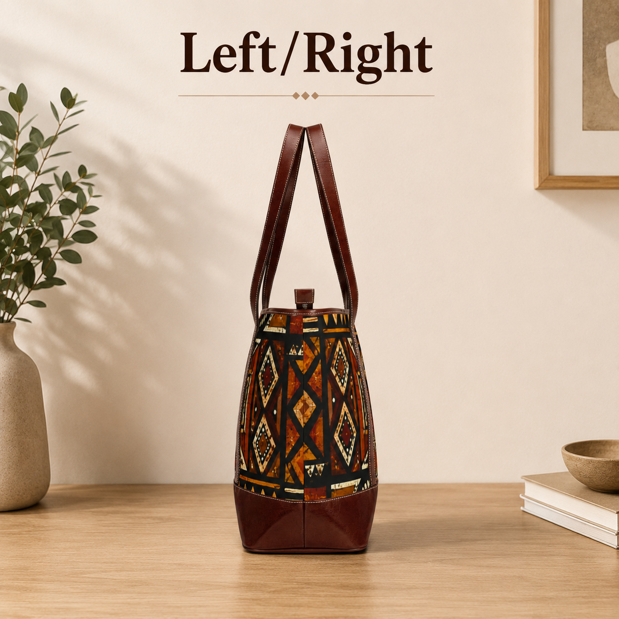 African Tribal Geometric Leather Trim Shoulder Tote Bag