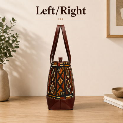 African Tribal Geometric Leather Trim Shoulder Tote Bag
