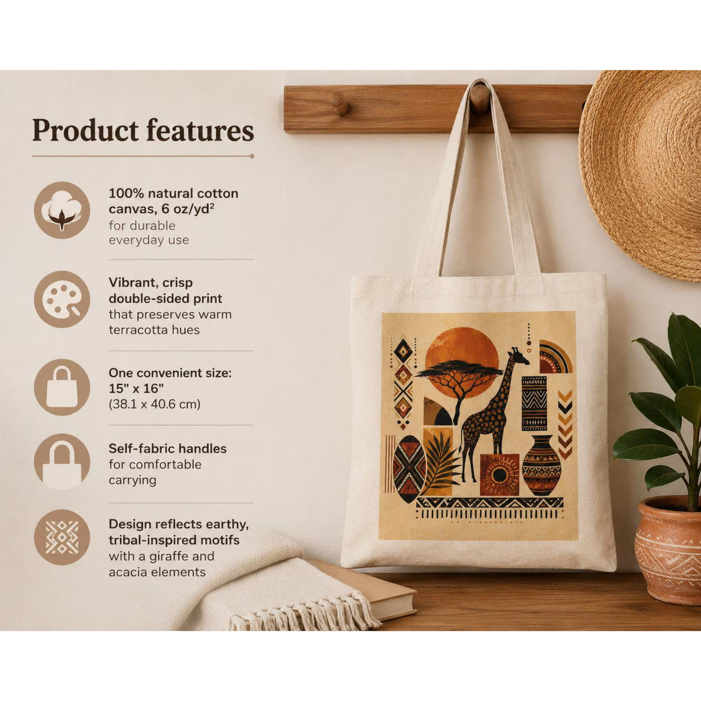 100% Cotton African Safari Giraffe Tote Bag