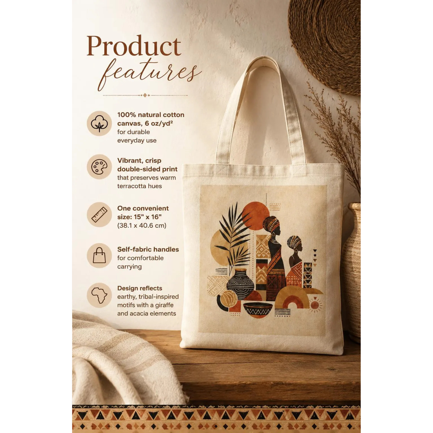 100% Cotton African Silhouette Pattern Tote Bag