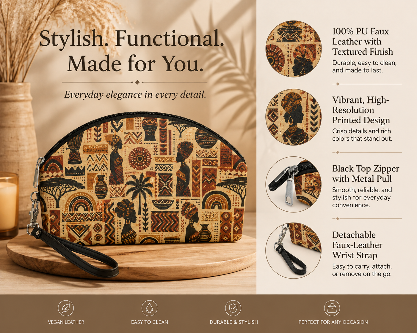 African Tribal Ethnic Silhouette Cosmetic Makeup Pouch