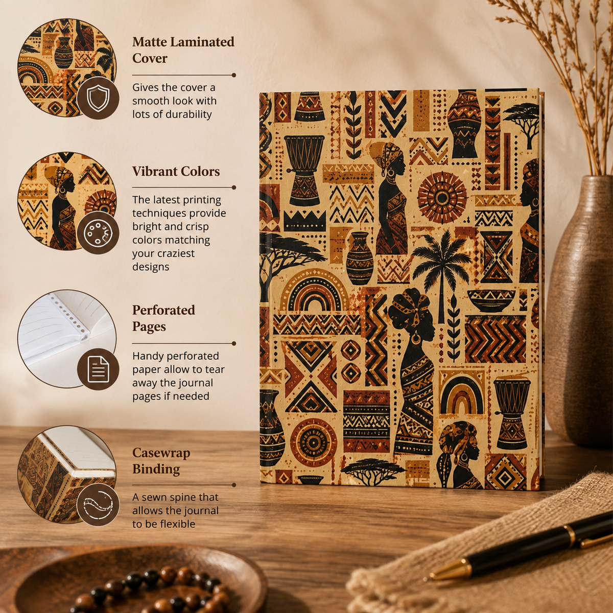 African Tribal Ethnic Silhouette Pattern Hardcover Journal