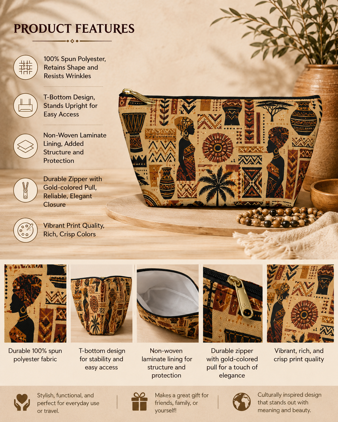 African Tribal Ethnic Silhouette Pattern Accessory Pouch Makeup Bag