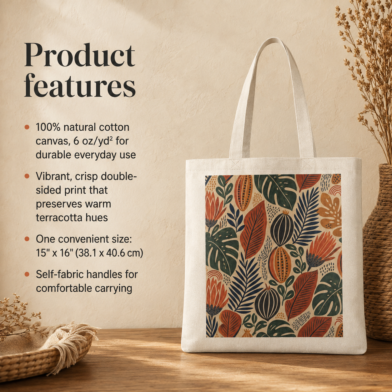 100% Cotton African Botanical Cacti Leaf Tote Bag