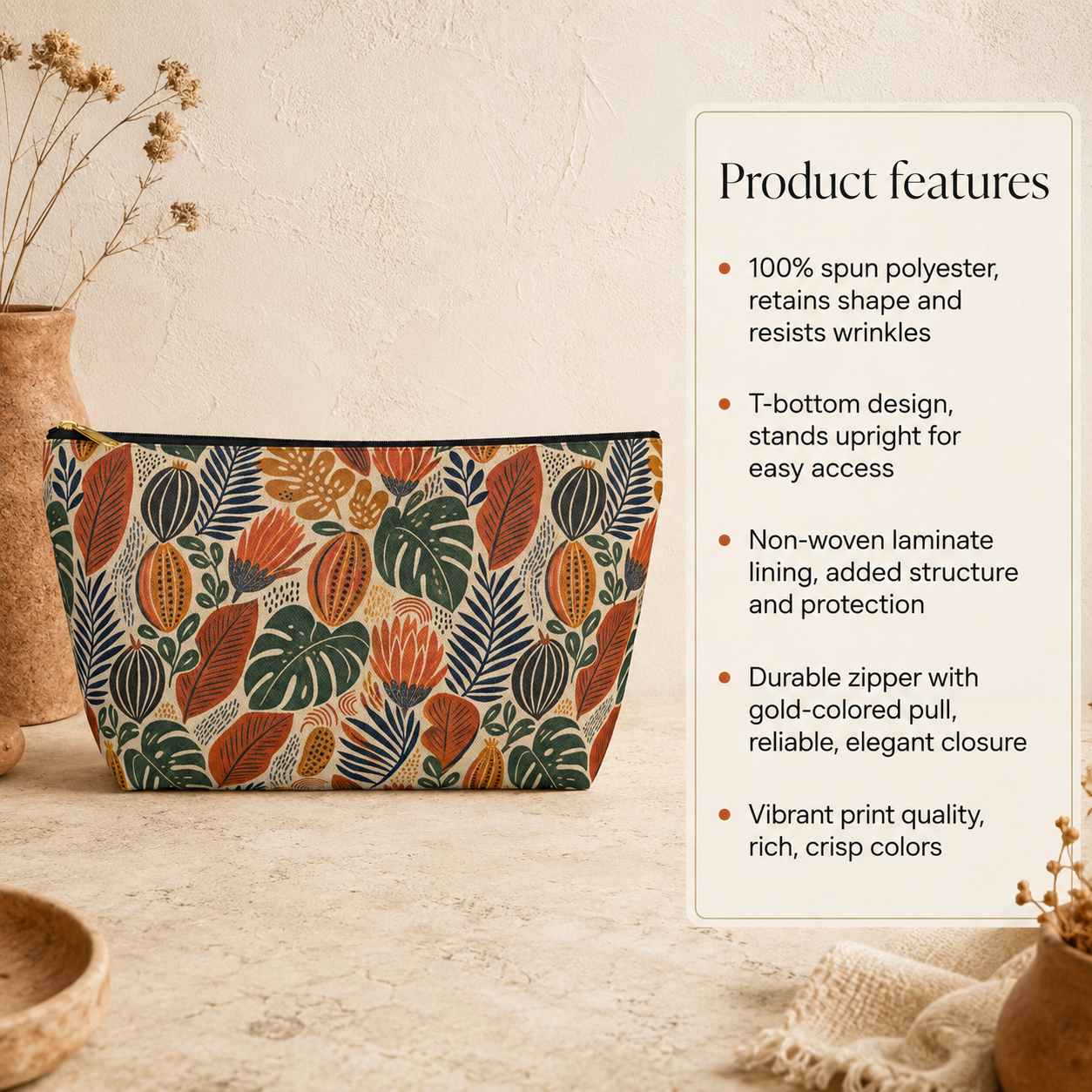 African Tribal Botanical Cacti Leaf Accessory Pouch Makeup Bag