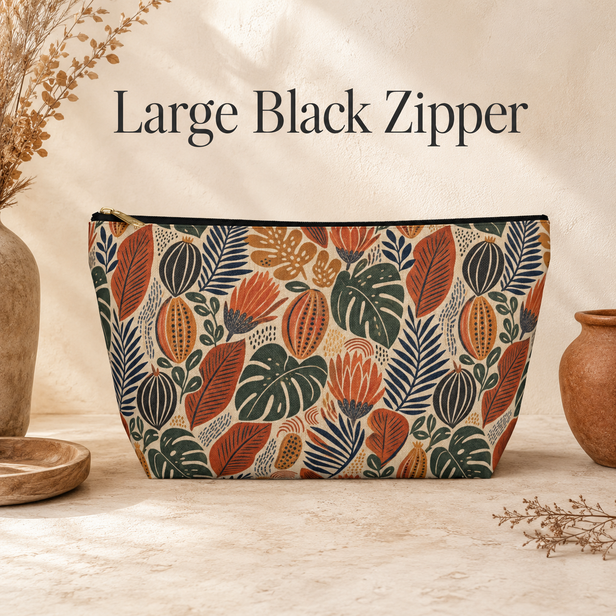 African Tribal Botanical Cacti Leaf Accessory Pouch Makeup Bag