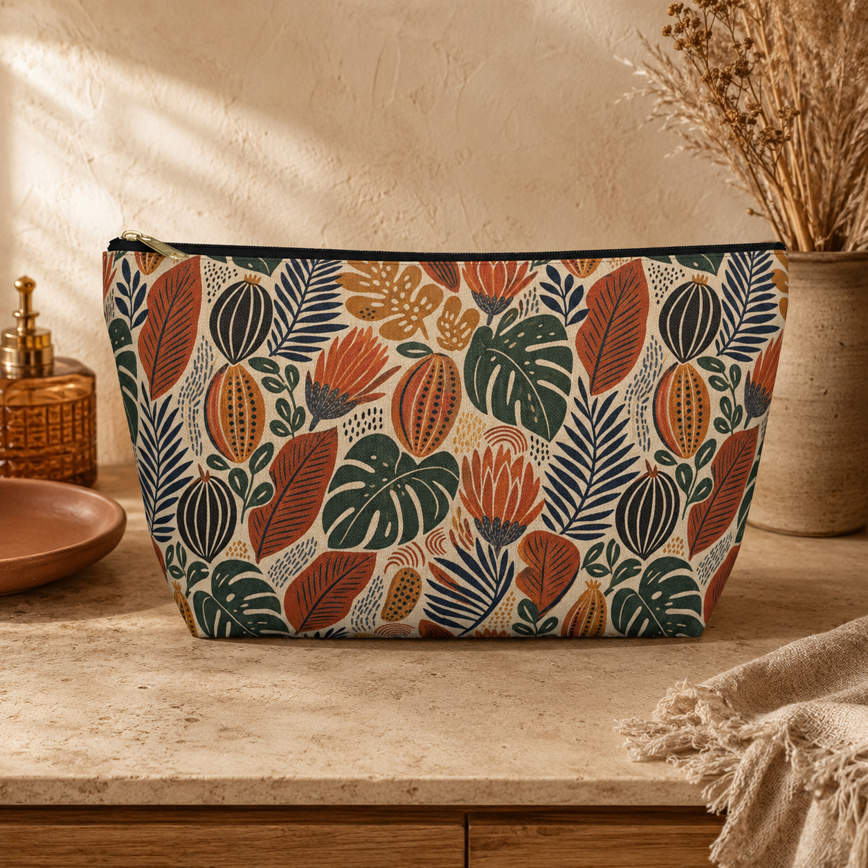 African Tribal Botanical Cacti Leaf Accessory Pouch Makeup Bag