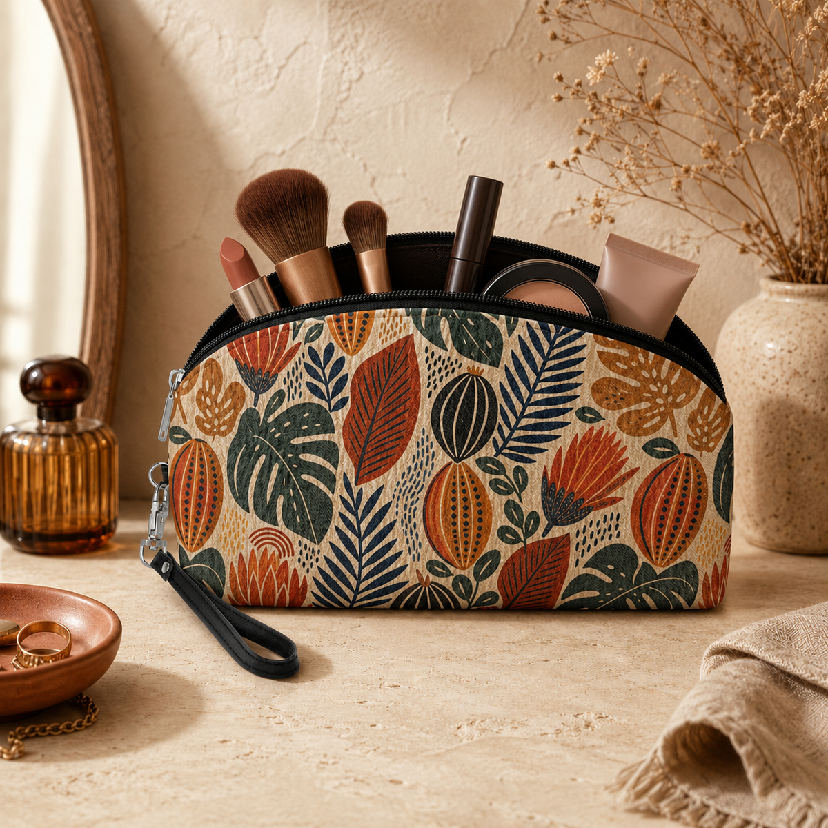 African Tribal Botanical Cacti Leaf Cosmetic Makeup Pouch