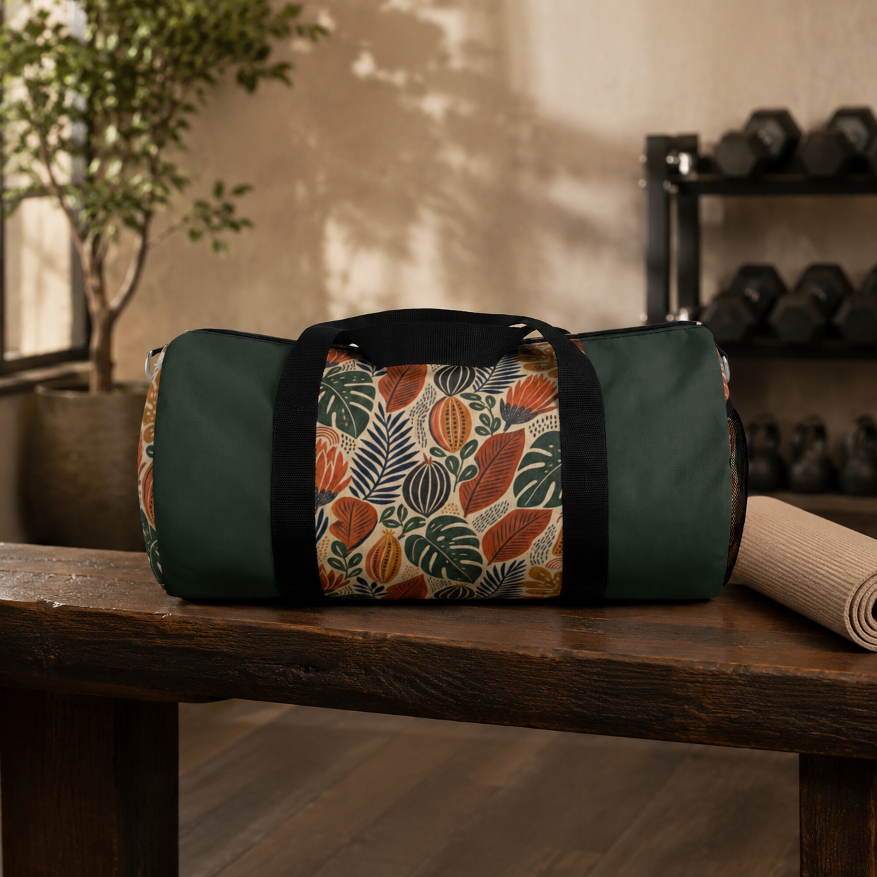 African Tribal Botanical Cacti Leaf Myrtle Green Gym Duffel Bag