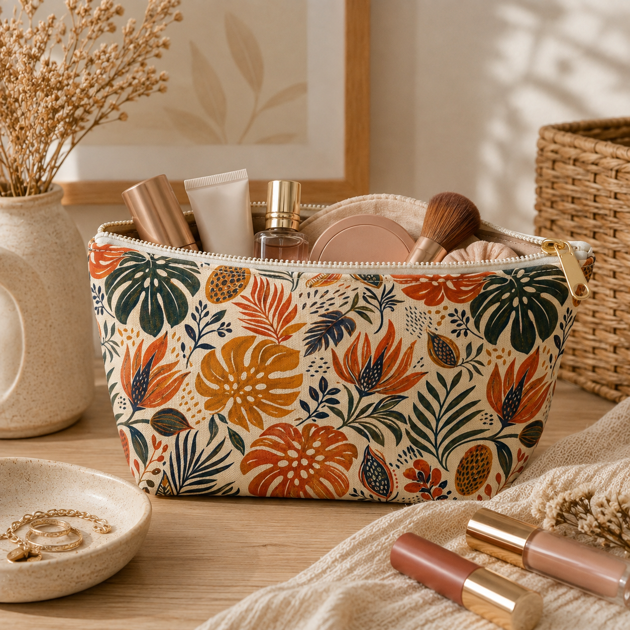 African Tribal Botanical Palm Accessory Pouch Makeup Bag