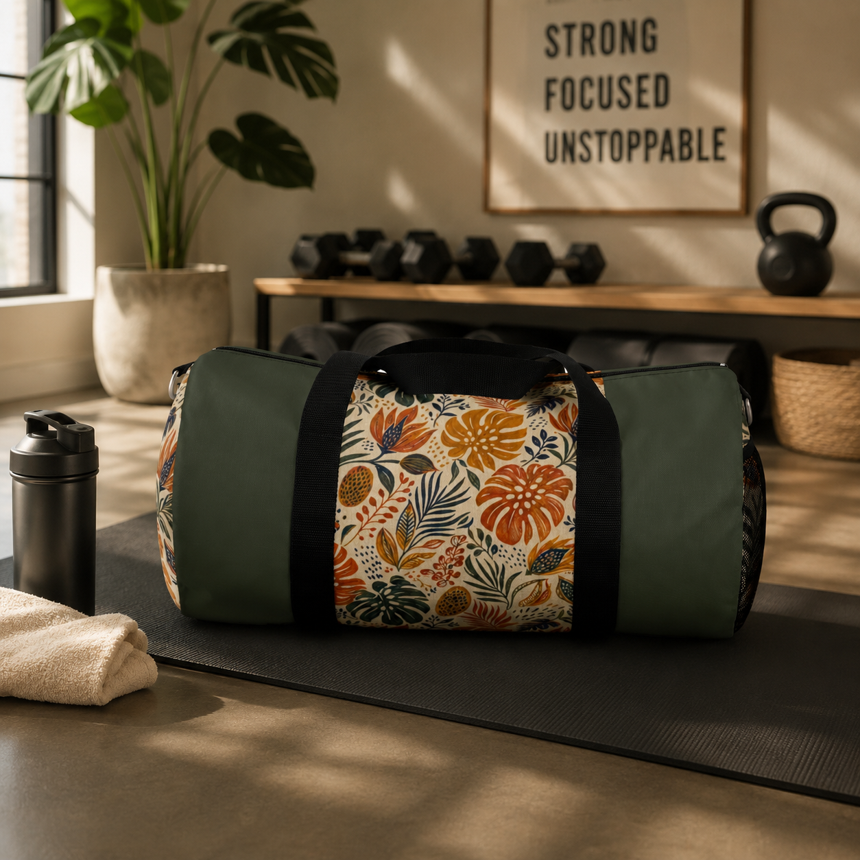 African Tribal Botanical Palm Military Green Gym Duffel Bag