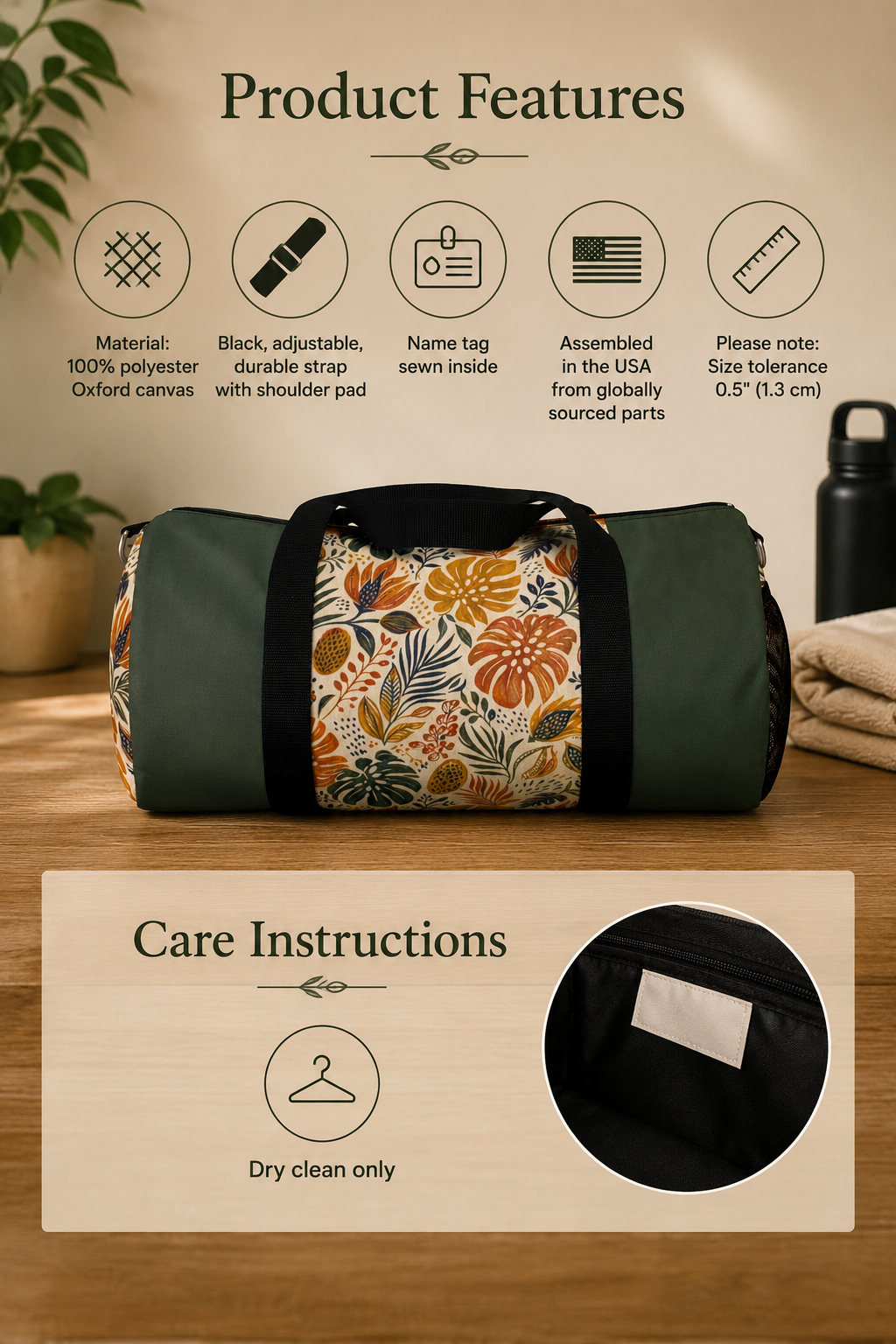 African Tribal Botanical Palm Military Green Gym Duffel Bag