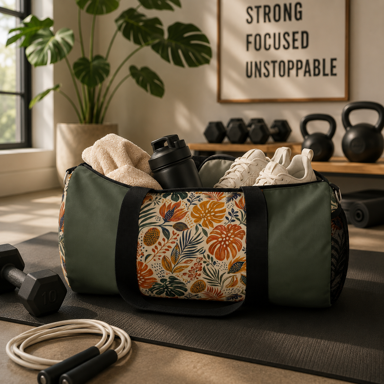 African Tribal Botanical Palm Military Green Gym Duffel Bag