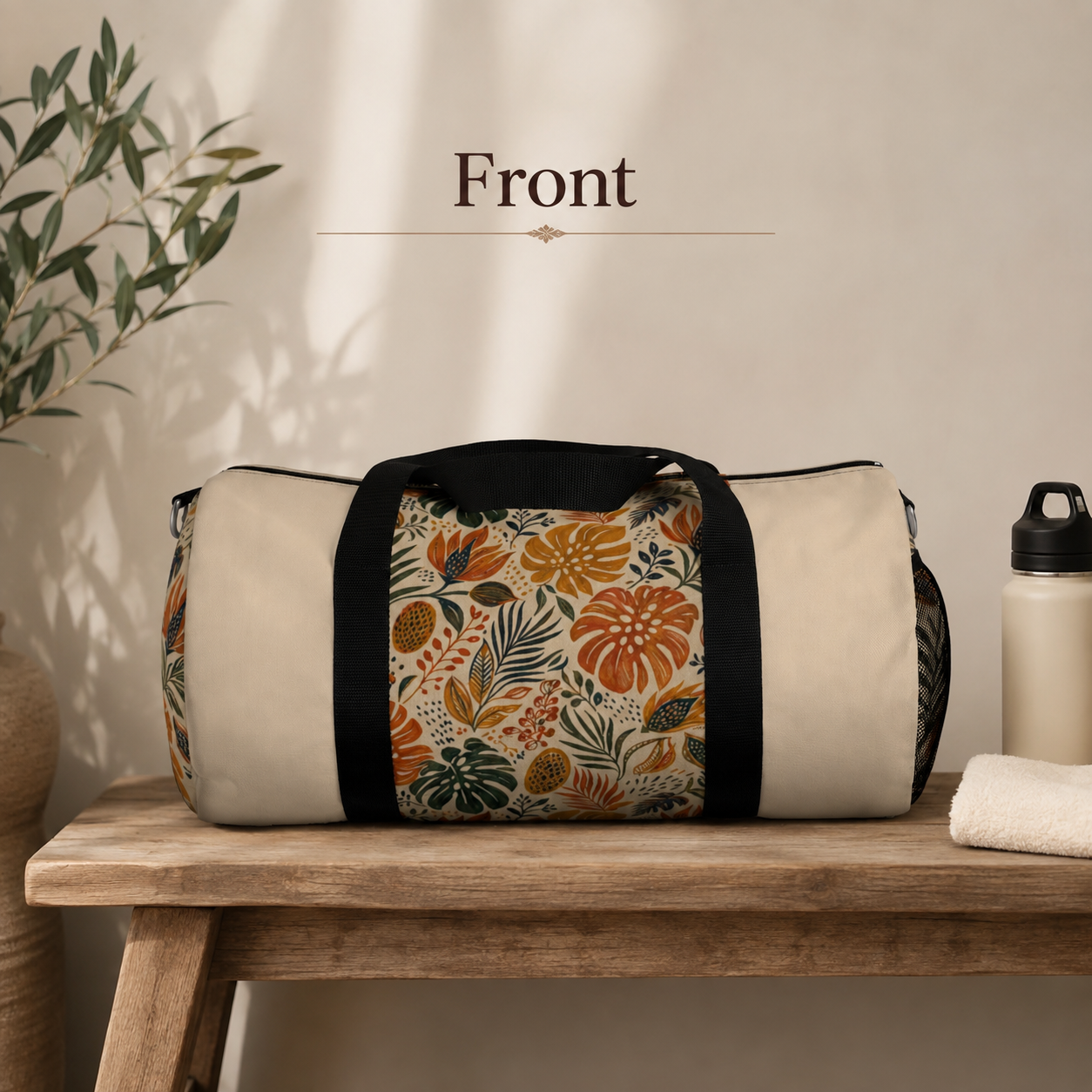 African Tribal Botanical Palm Cream Beige Gym Duffel Bag