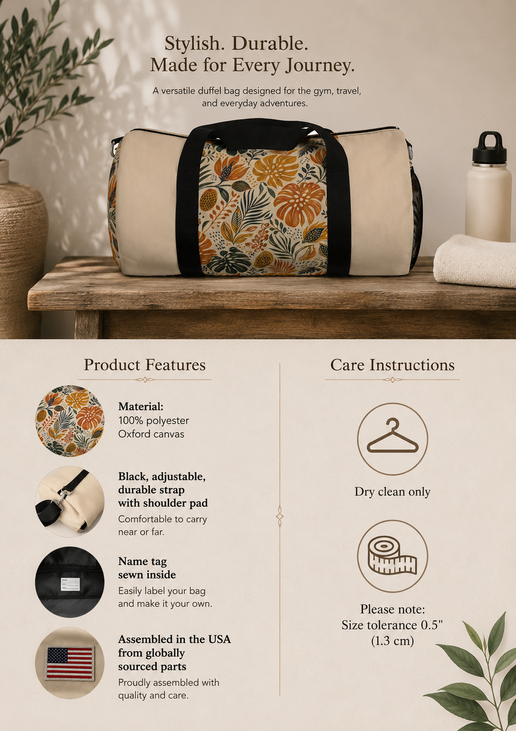 African Tribal Botanical Palm Cream Beige Gym Duffel Bag