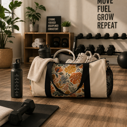 African Tribal Botanical Palm Cream Beige Gym Duffel Bag