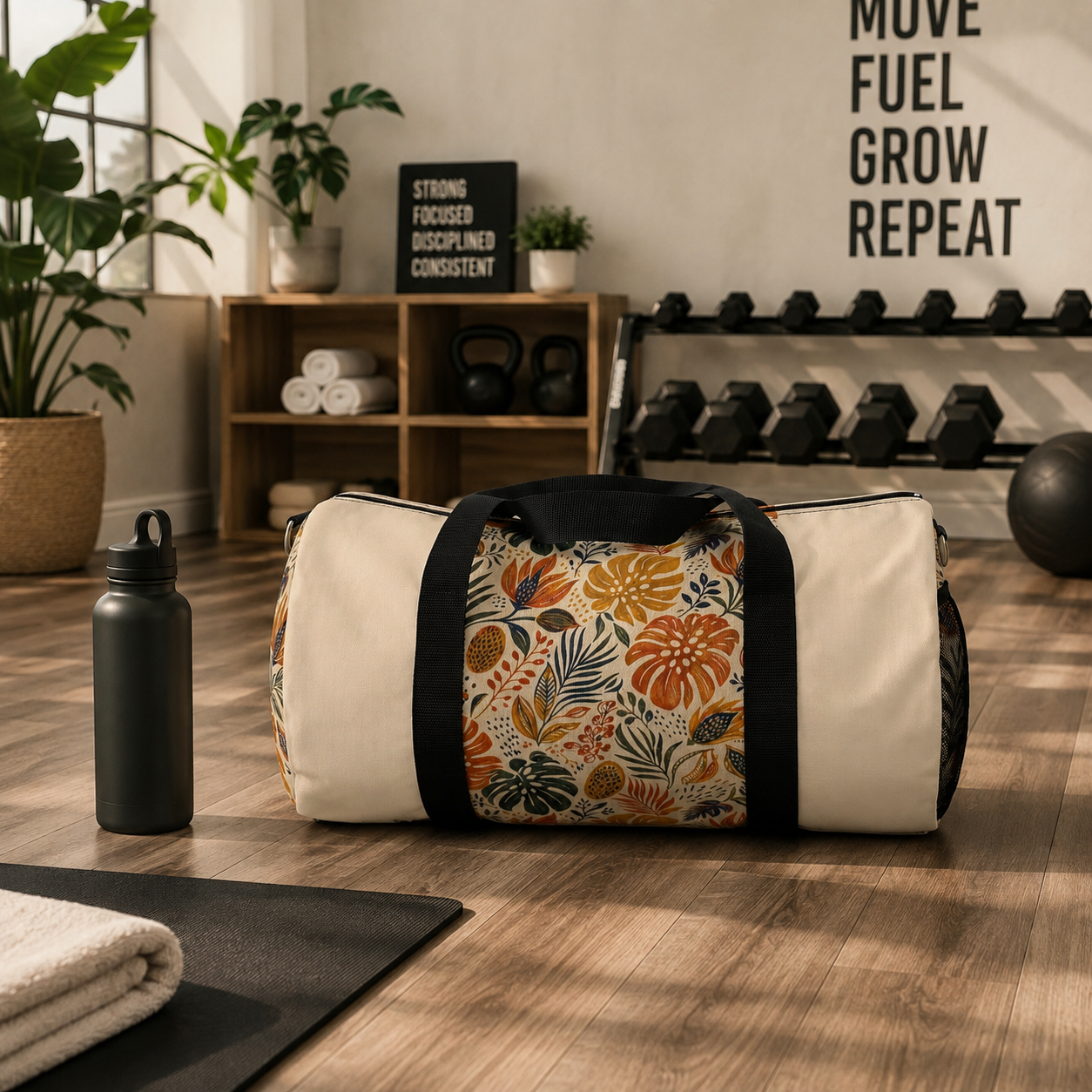 African Tribal Botanical Palm Cream Beige Gym Duffel Bag