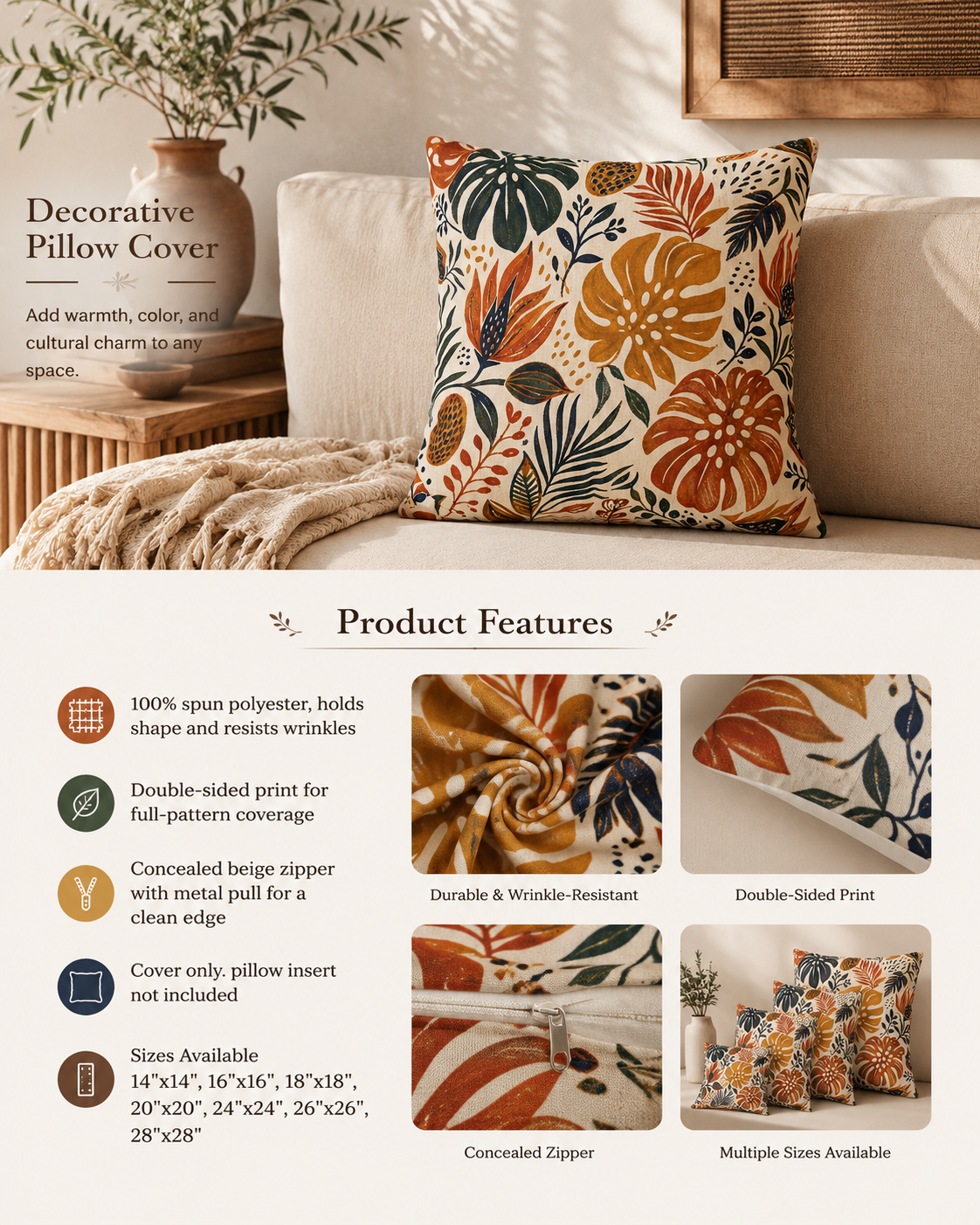 African Tribal Botanical Palm Pillow Case Cover