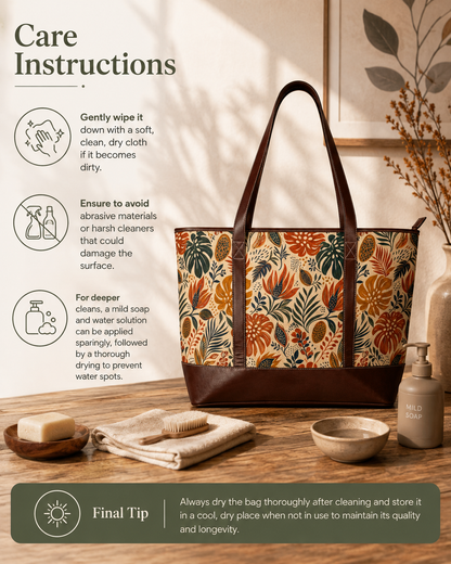 African Botanical Palm Leather Trim Shoulder Tote Bag