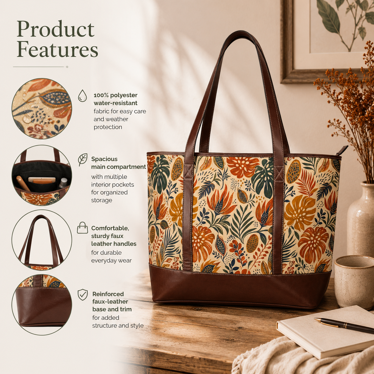 African Botanical Palm Leather Trim Shoulder Tote Bag