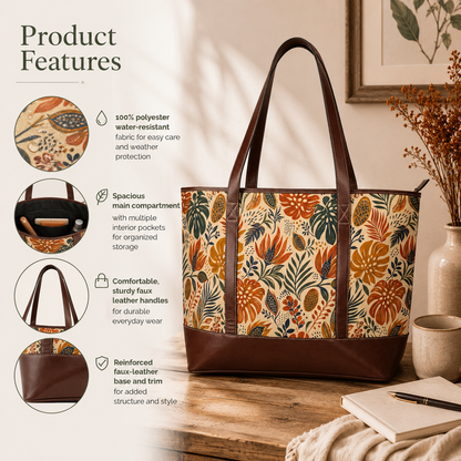 African Botanical Palm Leather Trim Shoulder Tote Bag