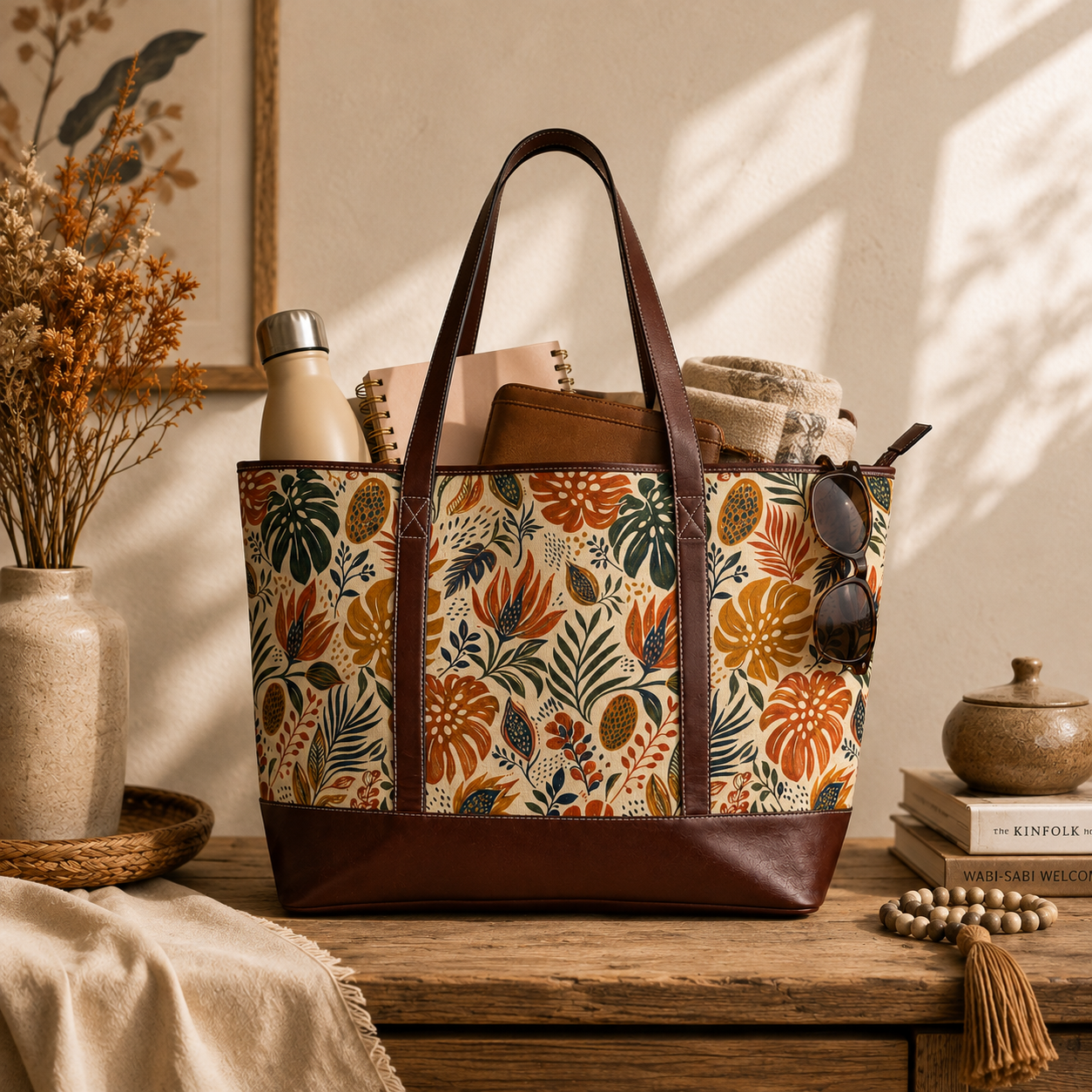 African Botanical Palm Leather Trim Shoulder Tote Bag