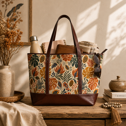 African Botanical Palm Leather Trim Shoulder Tote Bag