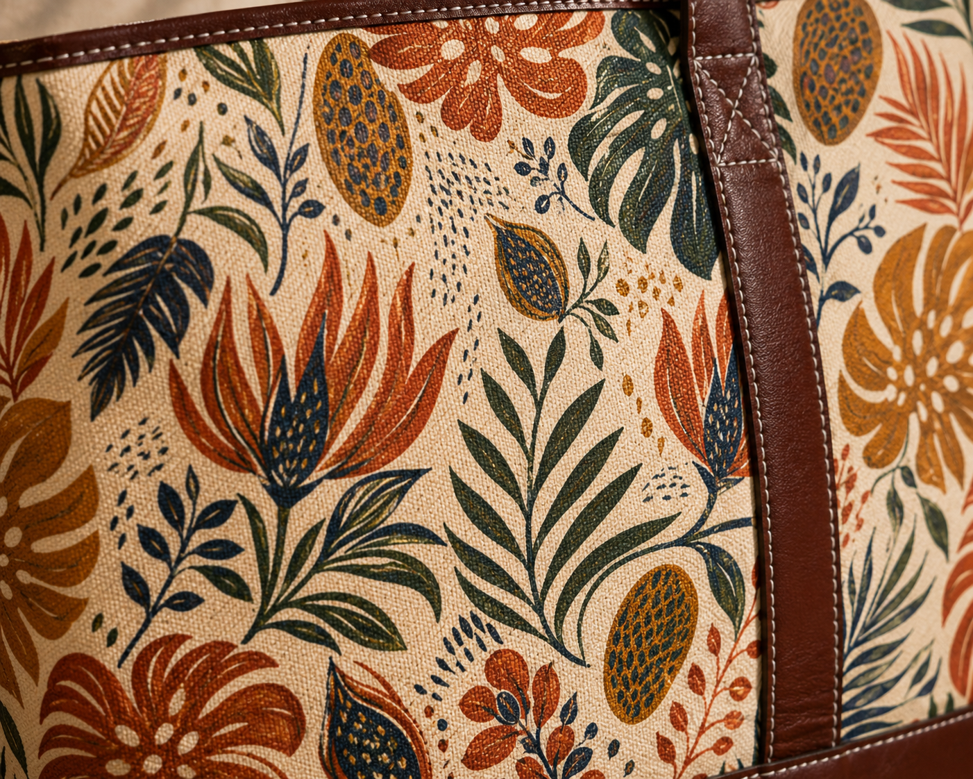 African Botanical Palm Leather Trim Shoulder Tote Bag