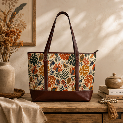 African Botanical Palm Leather Trim Shoulder Tote Bag