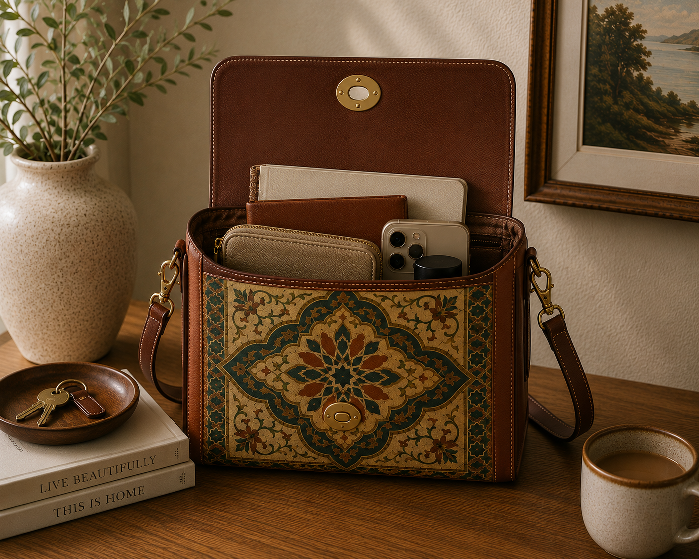Vintage Moroccan Style Ornate Water Resistant Handbag With Shoulder Straps