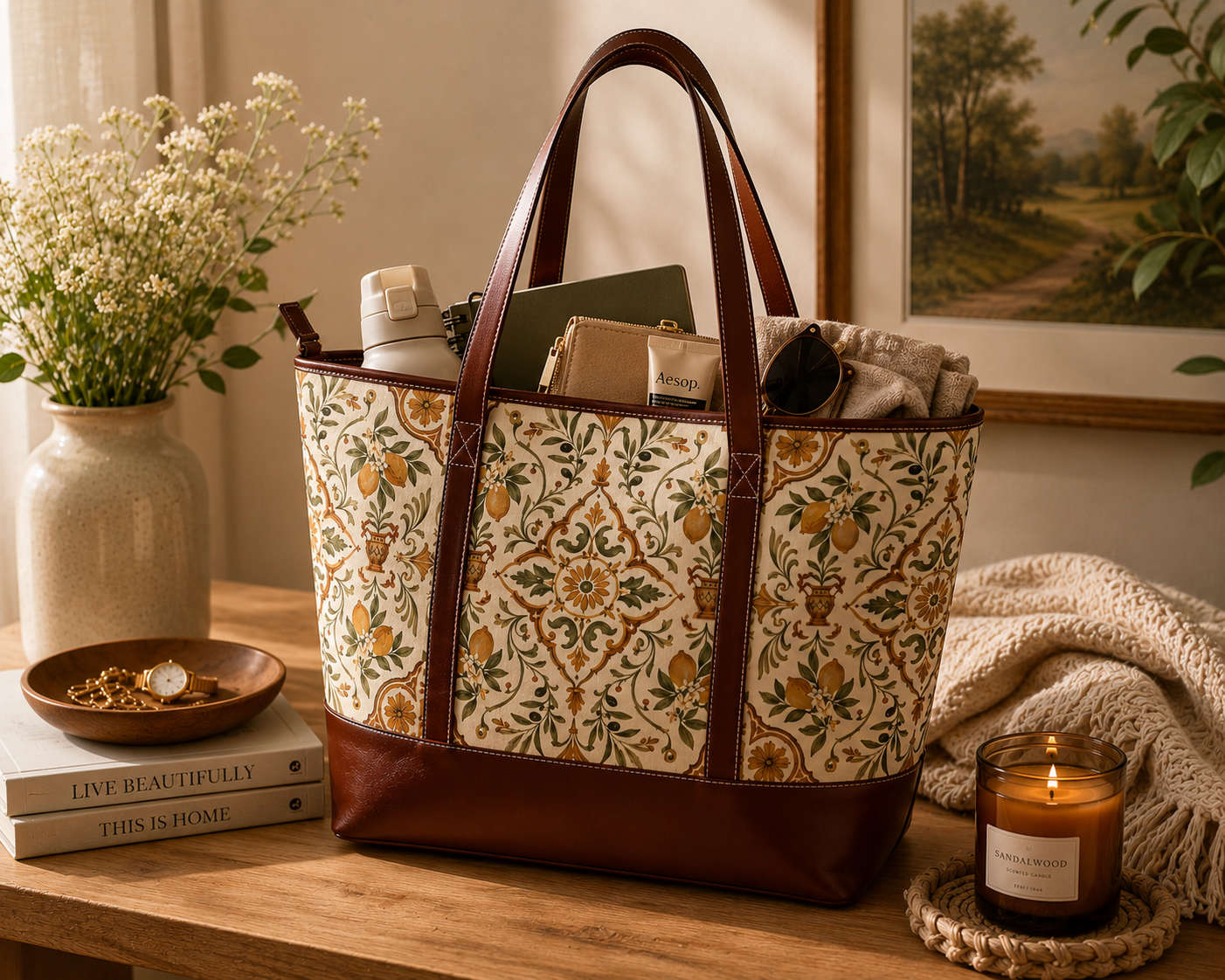 Mediterranean Moroccan Leather Trim Shoulder Tote Bag