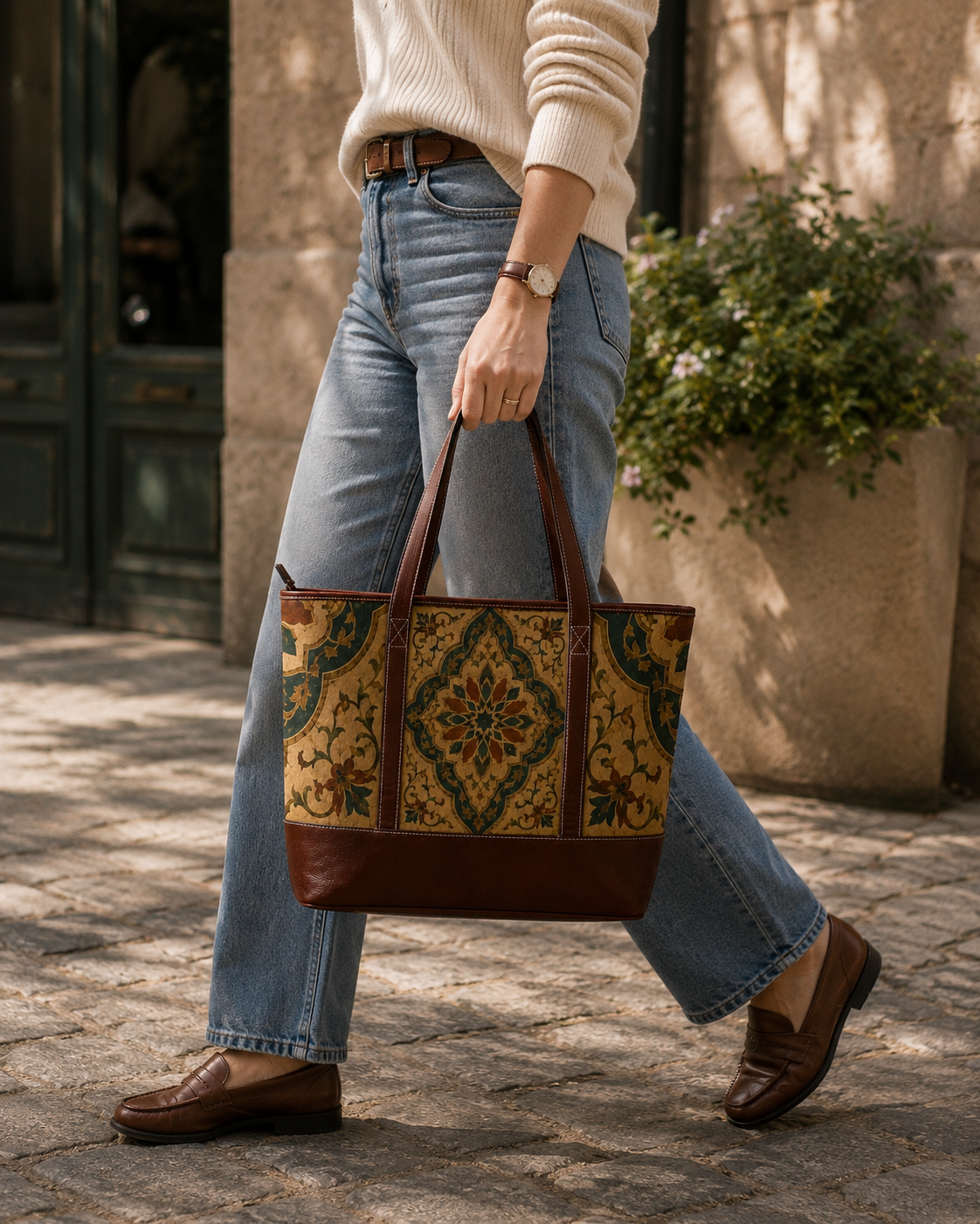 Vintage Moroccan Ornate Tile Handbag Leather Trim