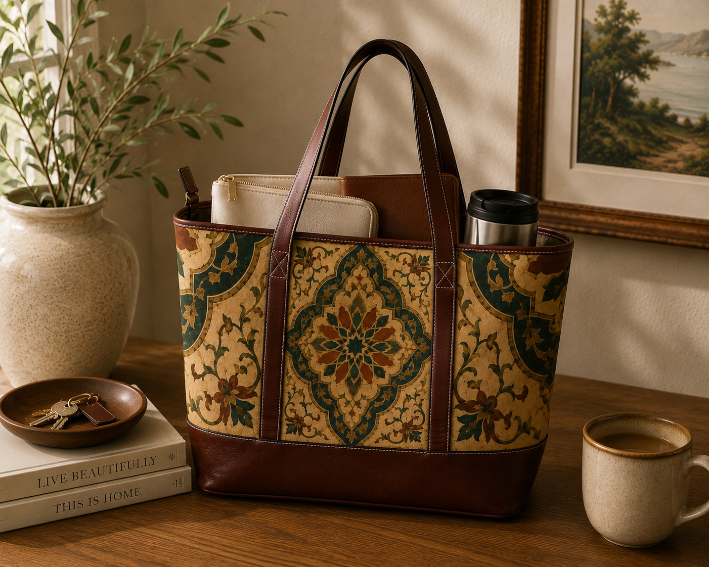 Vintage Moroccan Ornate Tile Handbag Leather Trim