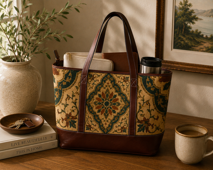 Vintage Moroccan Ornate Tile Handbag Leather Trim