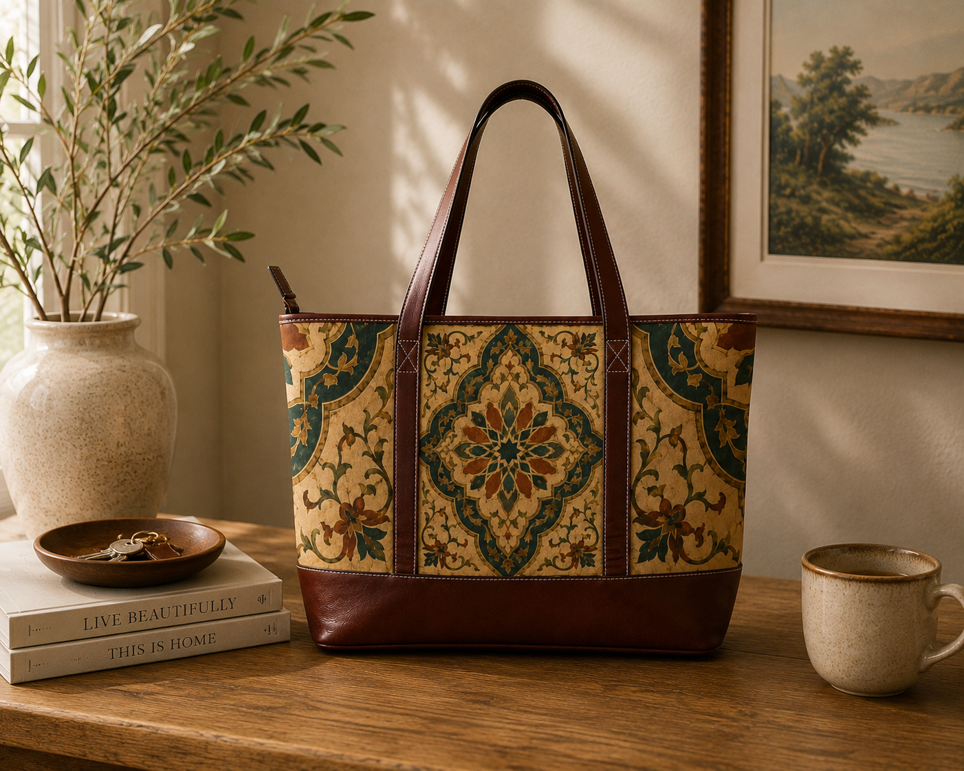 Vintage Moroccan Ornate Tile Handbag Leather Trim