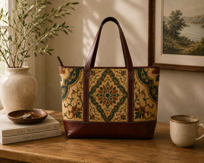 Vintage Moroccan Ornate Tile Handbag Leather Trim